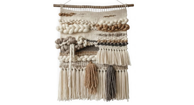 Textured woven wall hanging with fringe isolated on transparent background