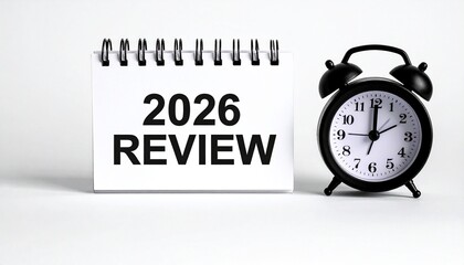 &ldquo;2026 REVIEW&rdquo; desk calendar with black pen and twin-bell alarm clock on white background, symbolizing reflection and planning.