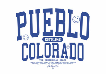 Obraz premium Retro typography college varsity Pueblo colorado text with Grunge effect for jersey, t-shirt, or wall art design - Vector