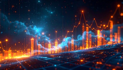 Title: Futuristic Data Visualization with Glowing Graphs and Grid  
Keywords: data visualization, glowing graphs, digital landscape, financial analytics, futuristic design, orange blue contrast, verti