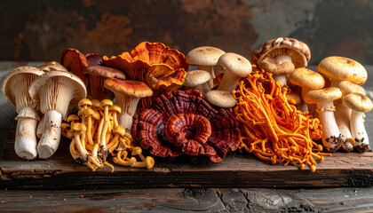 Assorted medicinal mushrooms including reishi, cordyceps, and shimeji displayed on a rustic wooden board. Rich textures and earthy tones highlight their adaptogenic and wellness properties