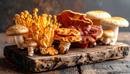 Assorted medicinal mushrooms including reishi, cordyceps, and shimeji displayed on a rustic wooden board. Rich textures and earthy tones highlight their adaptogenic and wellness properties