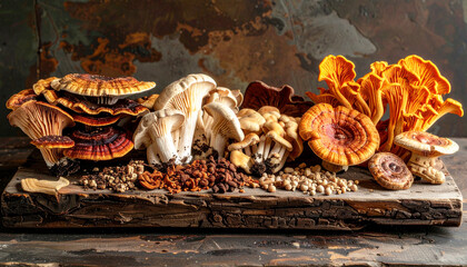 Assorted medicinal mushrooms including reishi, cordyceps, and shimeji displayed on a rustic wooden board. Rich textures and earthy tones highlight their adaptogenic and wellness properties