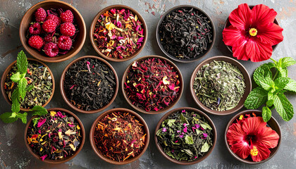 Flat lay of assorted herbal tea ingredients like hibiscus, rooibos, peppermint, and dried botanicals arranged in geometric harmony, symbolizing natural wellness, balance, and holistic healing