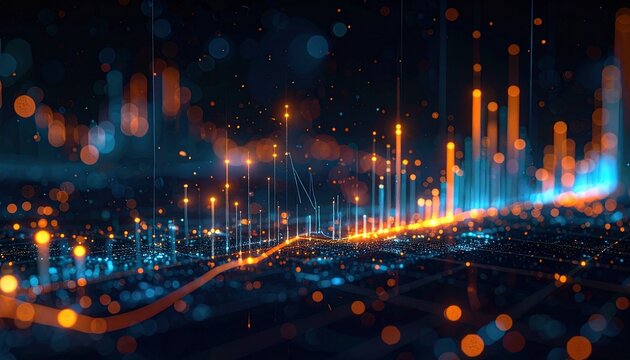 Title: Futuristic Data Visualization with Glowing Graphs and Grid  
Keywords: data visualization, glowing graphs, digital landscape, financial analytics, futuristic design, orange blue contrast, verti