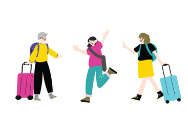 keywords:, cheerful, excited, baggage, waving, blue, shirt, yellow, category:, background, tourism, illustration, walking, station, teal, with, carrying, person, vector, happy, holiday, arms, group, d