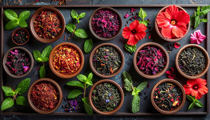 Flat lay of assorted herbal tea ingredients like hibiscus, rooibos, peppermint, and dried botanicals arranged in geometric harmony, symbolizing natural wellness, balance, and holistic healing