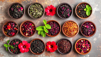 Flat lay of assorted herbal tea ingredients like hibiscus, rooibos, peppermint, and dried botanicals arranged in geometric harmony, symbolizing natural wellness, balance, and holistic healing