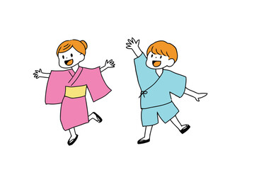children, boy, girl, yukata, summer, festival, japan, happy, jumping, dancing, joy, celebration, tradition, culture, cartoon, illustration, drawing, isolated, white background, fun, outdoor, event, ch