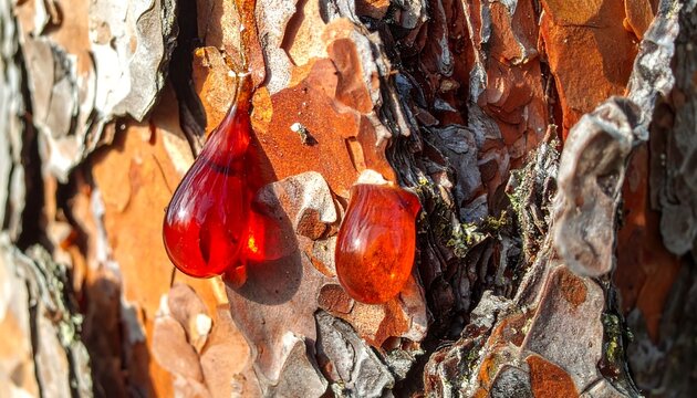 Close-up of reddish tree sap oozing from textured bark