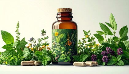 A brown glass bottle of herbal adaptogen capsules surrounded by fresh mint and medicinal herbs, featuring a botanical label design, symbolizing natural healing and holistic wellness