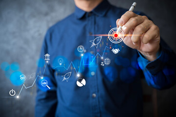 Business growth and target strategy concept, businessman drawing success graph with innovation icons