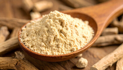 ashwagandha root powder on a wooden spoon, softly lit with warm tones. The natural texture and earthy color convey a sense of organic wellness and adaptogenic nutrition