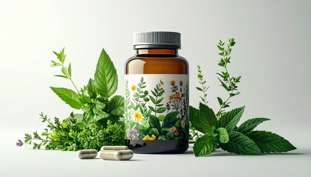A brown glass bottle of herbal adaptogen capsules surrounded by fresh mint and medicinal herbs, featuring a botanical label design, symbolizing natural healing and holistic wellness - Powered by Adobe