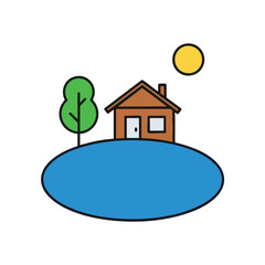 A simple of a house, tree, and sun over blue water.