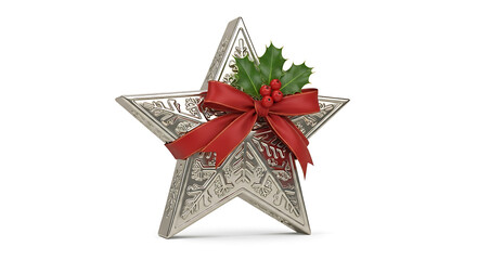 Silver star ornament with red ribbon and holly christmas