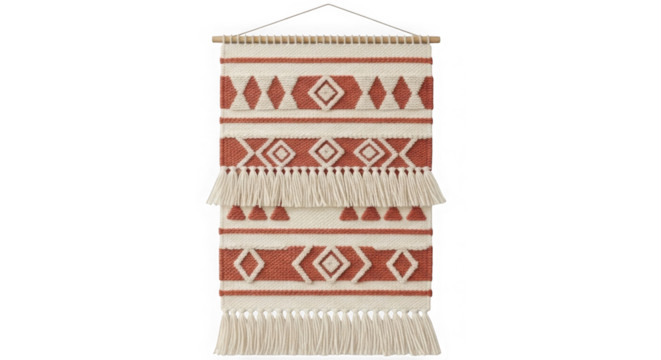 Bohemian macrame wall hanging with geometric pattern isolated on transparent background - Powered by Adobe