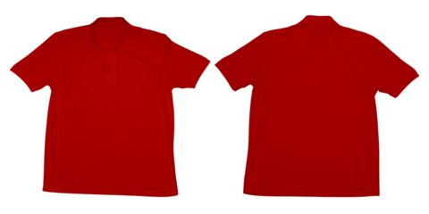 Front and back view of plain red polo shirt isolated on white background for clothing mockup template