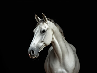 Fototapeta premium Majestic white horse poses elegantly against a black background highlighting its graceful features and beauty