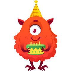 Orange Fluffy Cyclops Monster Wearing Yellow Party Hat Holding Green Birthday Cake with Candles in Festive Celebration and Joyful Mood Cartoon Style