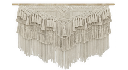 Bohemian macrame wall hanging with fringe isolated on transparent background