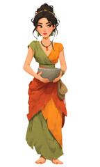 Primitive Woman Standing, Holding Stone Bowl, Colorful Wrap Dress Clothing, Stone Age Traditional Attire, Hunter Gatherer Fashion, Earth Tone Garments, Isolated Full Body Illustration