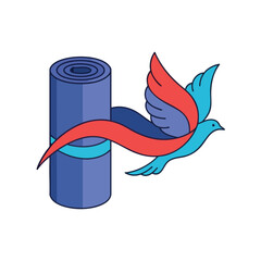 A rolled yoga mat with a bird flying around it with ribbons.