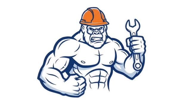 Strong gorilla mascot holding wrench vector illustration