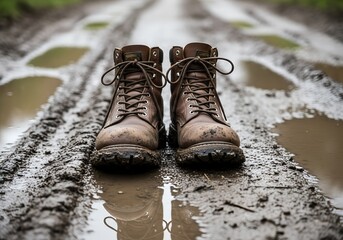 Pair of Muddy Brown Hiking Boots on a Wet Trail. Adventure and Outdoors Concept
