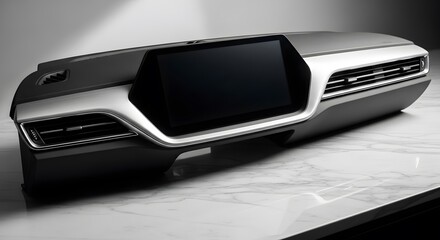 Sleek Silver and Black Car Dashboard Display on Marble Surface