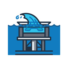 A stylized of a wave crashing over a structure in water.