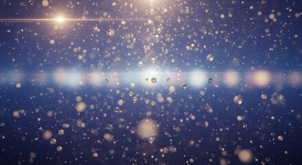 Abstract cosmic background with glowing particles and a bright lens flare against a dark blue backdrop.