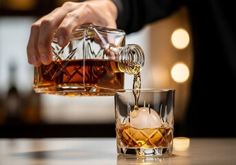 Pouring Whiskey from a Decanter into a Glass with Ice Ball