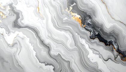 Abstract, flowing design mimicking marble. It's a swirling pattern of grayscale and white hues with touches of gold. The details create depth