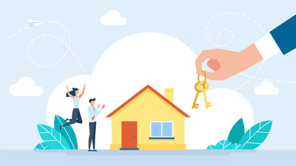 Hand holding keys. House, hand holds keys. Banner template on real estate theme, buying, selling, protection, security, property insurance. Sale, rent of real estate. Vector illustration