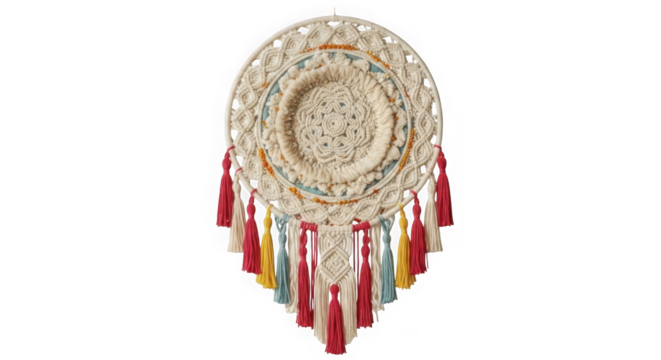 Oval macrame wall hanging with colorful tassels isolated on transparent background