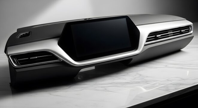 Sleek Silver and Black Car Dashboard Display on Marble Surface