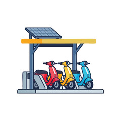 Electric scooters charging at a solar-powered station.