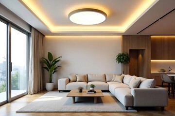 Sleek Modern Ceiling Light Fixture Illuminates Bright Airy Living Room, Creating a Sophisticated and Contemporary Ambiance Perfect for Modern Home Interiors