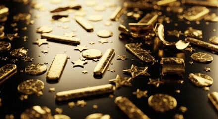 A macro photograph of assorted shiny gold sprinkles, including stars and bars, on a dark reflective surface.