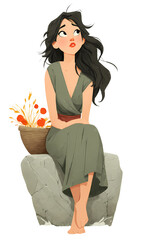 Primitive Woman Sitting, Long Dark Hair Portrait, Olive Green Dress Clothing, Basket With Flowers Wheat, Stone Age Rest Moment, Barefoot Simple Attire, Isolated Full Body Illustration