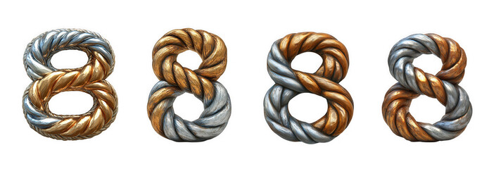 Four decorative numbers 8 crafted from twisted metallic rope in silver and bronze, isolated on transparent background