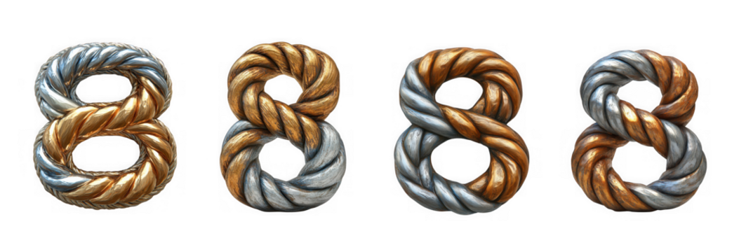 Four decorative numbers 8 crafted from twisted metallic rope in silver and bronze, isolated on transparent background