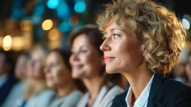 Group of confident mature women listening to speaker while visiting business conference, under soft stage lighting, highlighting engaged expressions and professional atmosphere, se