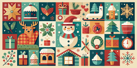 Cute vector illustration of Christmas tree pattern for a holiday greeting card with snow and snowman