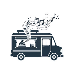 A dark silhouette of a food truck with music notes rising from it.