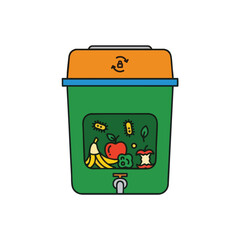 A green composter with fruit and bacteria icons.