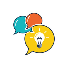 Speech bubbles with a light bulb symbolizing an idea.