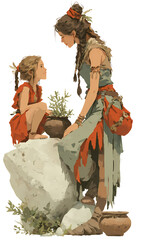 Stone Age Mother And Child, Teaching About Plants, Primitive Herbal Lore, Indigenous Traditional Knowledge, Rustic Clothing Design, Sitting On Large Rock, Wild Greenery Setting, Full Length Illustrati