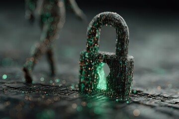 Floating green digital padlock made of beads, symbolizing cyber security, mystery, and futuristic protection